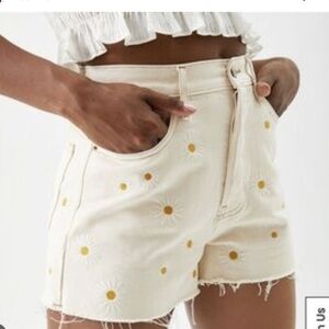 PacSun Cream Daisy Embroidered Jean Shorts